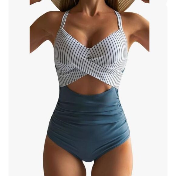 NEW Eomenie Swimsuit Medium NWT Blue White Stripe Cutout Criss Cross Tie Back - Picture 1 of 7